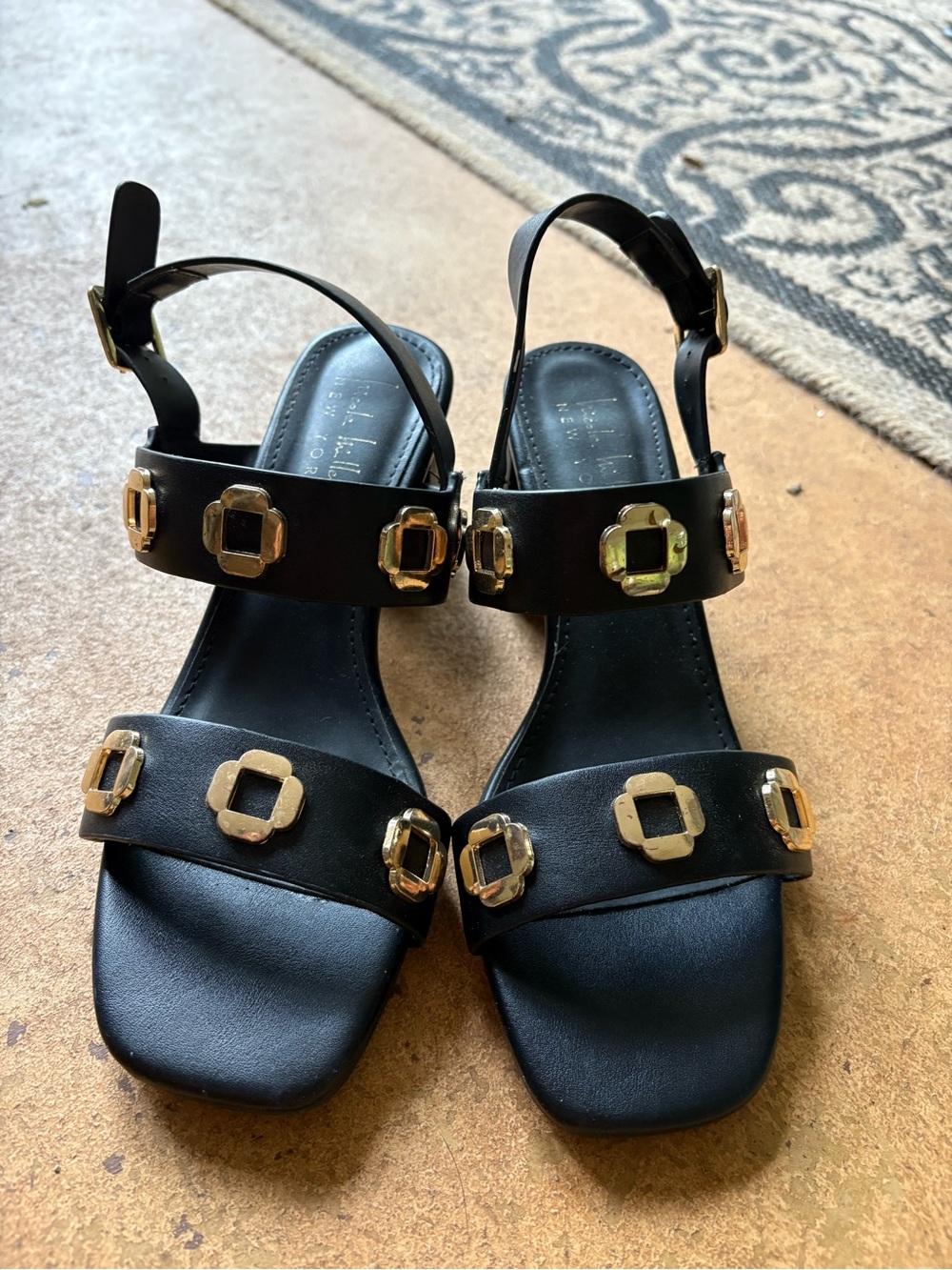 Nicole Miller Black Sandals with Gold Buckle Accents